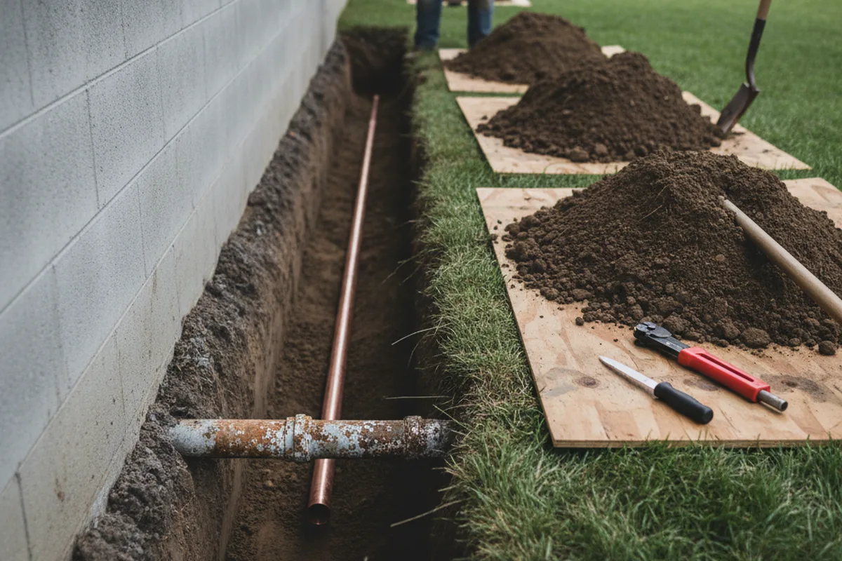 Excavated water line trench during Sewer Line Repair in New Tripoli